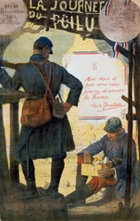 Dva francouzští vojáci si prohlížejí balíčky zaslané z domova.