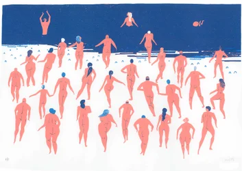 Běh po pláži s akty, 2016 (sítotisk)