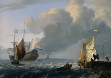 Holandská fregata a další lodě u pobřeží, asi 1690 (olej na dubové desce)