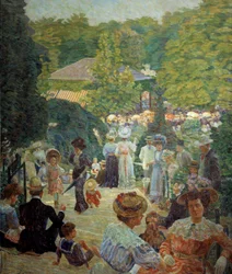 Parc Montsouris z kiosku má hudbu z roku 1900. Obraz Ludovica Valleeho (1864 - 1939)