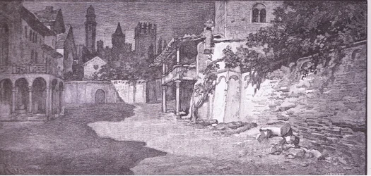 Otevřené místo přiléhající ke Kapuletově zahradě, ilustrace z Romea a Julie,