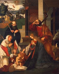 Narození Páně se svatým Bernardem a svatým Alberikem, cca 1505-1510, od Ludovica Mazzolina (cca 1480-cca 1530), olej na plátně, 219x176 cm