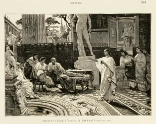 Maecenas naslouchající Virgilovi čte Aeneidu, ilustrace od Lodovica Pogliaghiho (1857-1950) pro Rané dějiny Říma, Francesco Bertolini (1836-1909), vydání Fratelli Treves, Milán