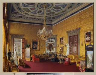 Lyonský sál (Žlutý kreslící sál) Velkého paláce Carkoye Selo (Rusko). Dílo Luigiho Premazziho (1814-1891), akvarel na papíře