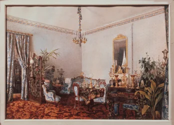 Salón v domě Varvary Obreskové. Dílo Luigiho Premazziho (1814-1891), akvarel na papíře