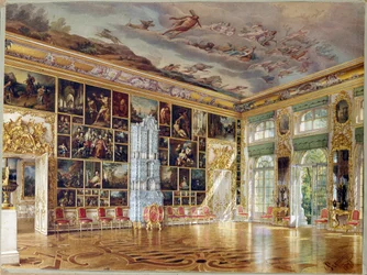 ""Síň umělecké galerie v paláci Carskoye Selo"" od Ludwiga (Luigi) Premazziho (1814-1891), Akvarel na papíře