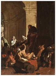 Severní transept, Oltář San Rocco 1635, 45, Genovesino 1645, Distribuce zboží chudým, Malováno vlevo dole