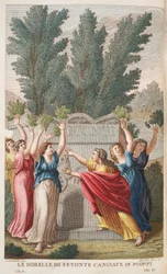 Heliády do stromů, které dávají Amber nebo Le Sorelle di Fetonte Cangiante v Pioppi, ilustrace z Ovidiových metamorfóz, Florencie, 1832 (ručně kolorovaná rytina)