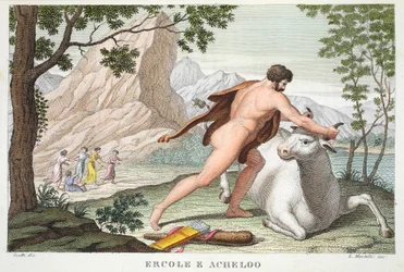 Hercules a Achelous nebo Ercole e Acheloo, kniha IX, ilustrace z Ovidiových metamorfóz, Florencie, 1832 (ručně kolorovaná rytina)