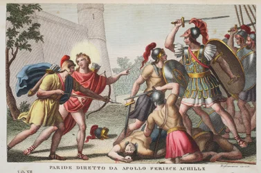 Paris zabíjí Achillea aneb Paris, vedený Apollónem, zraňuje Achillea, kniha XIII, ilustrace z Ovidiových Proměn, Florencie, 1832