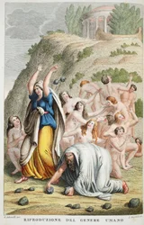 Obnova lidské rasy aneb Riproduzione del Genere Umano, Kniha I, ilustrace z Ovidiových metamorfóz, Florencie, 1832 (ručně kolorovaná rytina)