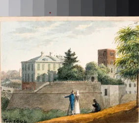 Pohled na bašty a zvonici Santo Stefano, Janov (akvarel, cca 1825)