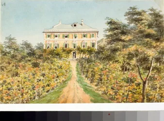 Pohled na kasino Lagomarsino na pobřeží Rivarolo, poblíž Janova (Watercolor, circa 1823)