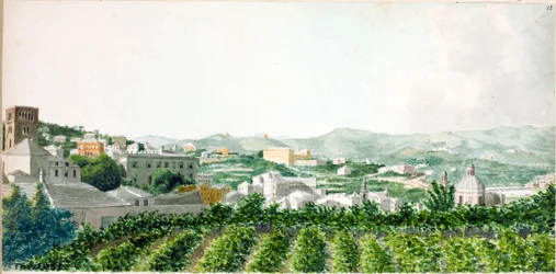 Pohled na město Janov se zvonicí Santo Stefano (Akvarel, cca 1825)