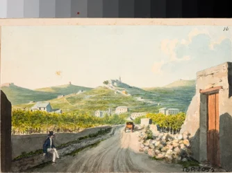 Pohled na svatyni Nostra Signora del Monte, Janov (akvarel, cca 1825)