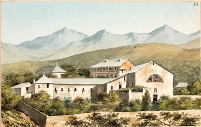 Pohled na svatyni Nostra Signora del Monte, Janov (akvarel, cca 1825)