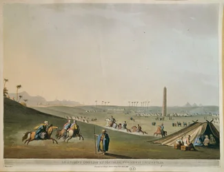 Egypt, Nomádi a obelisk v Materieh (Stará Heliopolis neboli Město Slunce) od Luigi Mayera, rytina