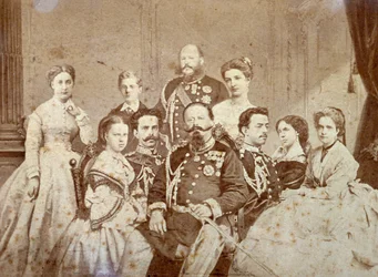 Na obraze jsou vyobrazeni různí členové savojské královské rodiny. Uprostřed sedí Viktor Emanuel II., Umberto I. a Amedeo v plné uniformě, panovníkovy dcery a Alžběta Saská v elegantních šatech. V pozadí, na