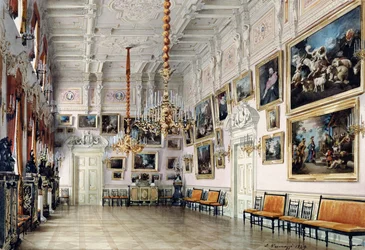 Taneční sál v domě hraběte Bezborodka, Petrohrad, 1849 (pero, štětec, wc, inkoust a bílá barva na papíře, 1849 (pero, štětec, wc, inkoust a bílá barva na papíře)