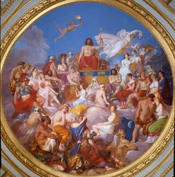 Rada bohů (nebo shromáždění bohů): Zeus na Olympu obklopen božstvy. Jsou zobrazeni shora dolů a vlevo: Ganymedés, Athéna, Poseidón, Hermes, Héfaistos, Afrodita, Erós, 3 Charitky, Dionýsos a Áres. Uprostřed