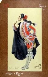 Znázornění postavy Figara, "Figarova svatba" od Wolfganga Amadea Mozarta z roku 1786. Kostým Luigi Sapelli Caramba (1865-1936)