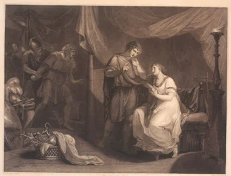 Troilus překvapí Cressidu a Diomeda. Z "Troilus a Cresida" Williama Shakespeara, dějství 5, scéna 2