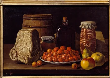 Sýr, ovoce a příjemce. Obraz Luise Melendeze (1716 - 1780), španělská škola