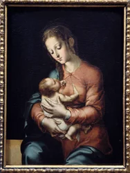 Panna Maria s dítětem, obraz Luise de Moralese (1500-1586), 16. století, 0,84 x 0,64 m, Madrid, muzeum Prado