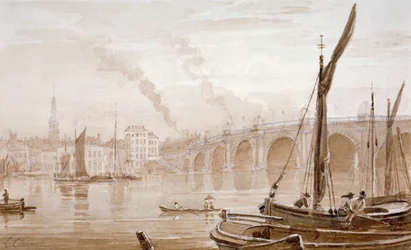 Pohled na Blackfriars Bridge z pobřeží Surrey, s loděmi v popředí, Londýn, c1825