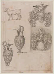 Design pro dvě vázy, dva erby a býčí recto, polovina 1500.