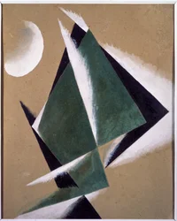 Konstrukce s bílým půlměsícem. Dílo Lyubov (Lioubov) Sergejevna Popova (1889-1924), kvaš na kartonu