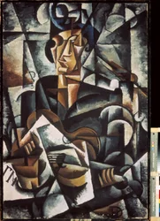 Žena s kytarou. Malba Ljubova (Lioubova) Sergejevna Popova (1889-1924), olej na plátně