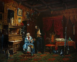 Interiér starožitné místnosti se středověkým nábytkem, cca 1838-46 (barevné lito)