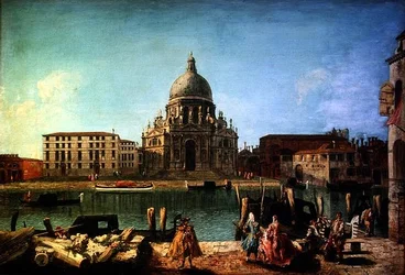 S. Maria della Salute z Rio de San Moise, Benátky, s šlechtou a gondoliéry v popředí
