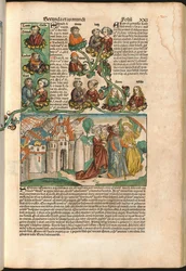 Genealogický strom Laban, z Norimberské kroniky od Hartmanna Schedela (1440-1514) vytištěný v roce 1493 (dřevořez)