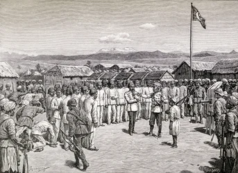 Sir Henry Morton Stanley oslovuje povstalecké důstojníky v Kavalli, 1890 (dřevoryt)