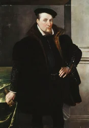 Portrét gentlemana, tříčtvrteční postava, v černém kabátě s kožešinovou podšívkou, 1551