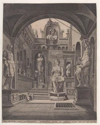 Sochy ve vile Sassi v Římě, rytina Coornhert, Dirck Volckertsz (1519/22-1590)