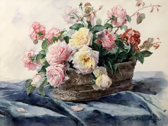 Košík růží. Obraz Madeleine Jeanne Lemaire (1845-1928) Soukromá sbírka.