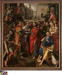 Holandština: Mýtný žeton (Matouš 17,24-27; vlevo), žeton do kina (Lukáš 20,21-26; uprostřed), podobenství o chudé vdově (Marek 21,41-44; vpravo) (Oltářní obraz cechu mincířů).
