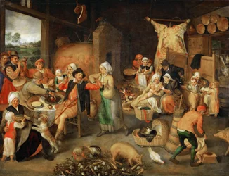 Selský salon s urozenými návštěvníky - Marten van Cleve, starší (1527-1581). Olej na dřevě, cca 1566. Rozměr : 123x144 cm. Uměleckohistorické muzeum, Vienne