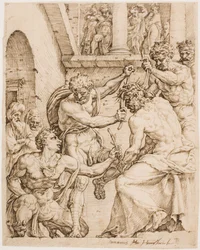 Kristus je korunován trním, c. 1548 (pero, hnědý inkoust a černá křída na lesklém papíře)