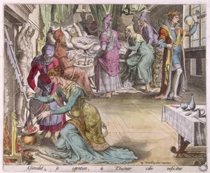 Léčba invalidy, studie na „Amnon předstírá nemoc, aby znásilnil Tamar“ (barevná rytina)