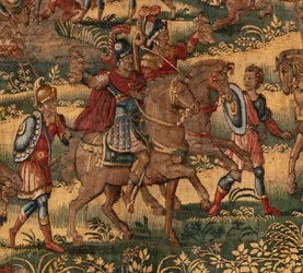 Diecézní muzeum. Vlámská tapiserie. Brusel. Ateliér François Geubels. Série Příběh Gedeona. Porážka Midjánců. Hedvábí a vlna. Odkaz biskupa Vicenteho Rocy de la Serna. Baroko. 1534-1571, v tom