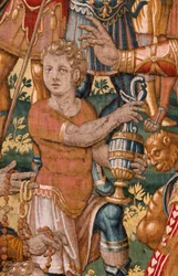 Diecézní muzeum. Vlámská tapiserie. Brusel. Ateliér François Geubels. Série Příběh Gedeona. Izraelité odevzdávají Gedeonovi svůj podíl na kořisti. Hedvábí a vlna. Odkaz biskupa.