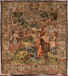 Diecézní muzeum (Museo Diocesano). Vlámský gobelín. Brusel. Ateliér François Geubels. Seriál Příběh Gideona. Zázrak vlněného rouna (Prueba del vellón de lana). Hedvábí a vlna. Odkaz biskupa Vicente Roca de la Serna. Barokní. 1534-1571, i