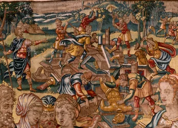 Diecézní muzeum (Diecézní muzeum). Vlámský gobelín. Brusel. Workshop Françoise Geubelse. Seriál Gideonův příběh. Joash je informován, že Gideon zničil Baalův oltář (Joash je informován, že Gideon strhl Baalův oltář). Hedvábí a vlna. Beque