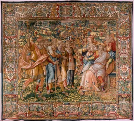 Diecézní muzeum (Diecézní muzeum). Vlámský gobelín. Brusel. Workshop Françoise Geubelse. Seriál Gideonův příběh. Joash je informován, že Gideon zničil Baalův oltář (Joash je informován, že Gideon strhl Baalův oltář). Hedvábí a vlna. Beque