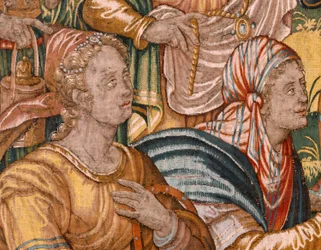 Diecézní muzeum (Diecézní muzeum). Vlámský gobelín. Brusel. Workshop Françoise Geubelse. Seriál Gideonův příběh. Izraelité odevzdávají svou část kořisti Gedeonovi. Hedvábí a vlna. Odkaz Bisho