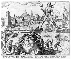 The Colossus of Rhodes, deska 4 z Osmi divů světa, ingr. Philips Galle, 1572